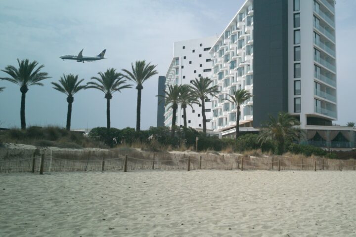RyanAir passes the Hard Rock Cafe Hotel, Playa Den Bossa, Ibiza