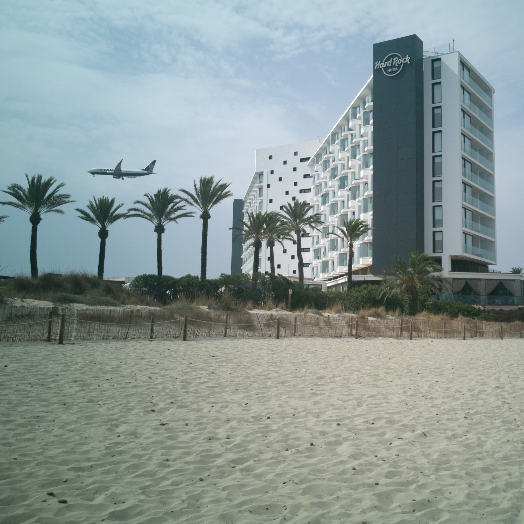 RyanAir passes the Hard Rock Cafe Hotel, Playa Den Bossa, Ibiza