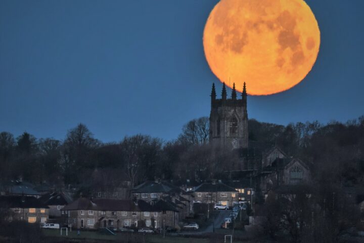 Moonset Taken 2.3 mile away with the Moon setting over St Thomas, Hepstonstall, Hebden Bridge